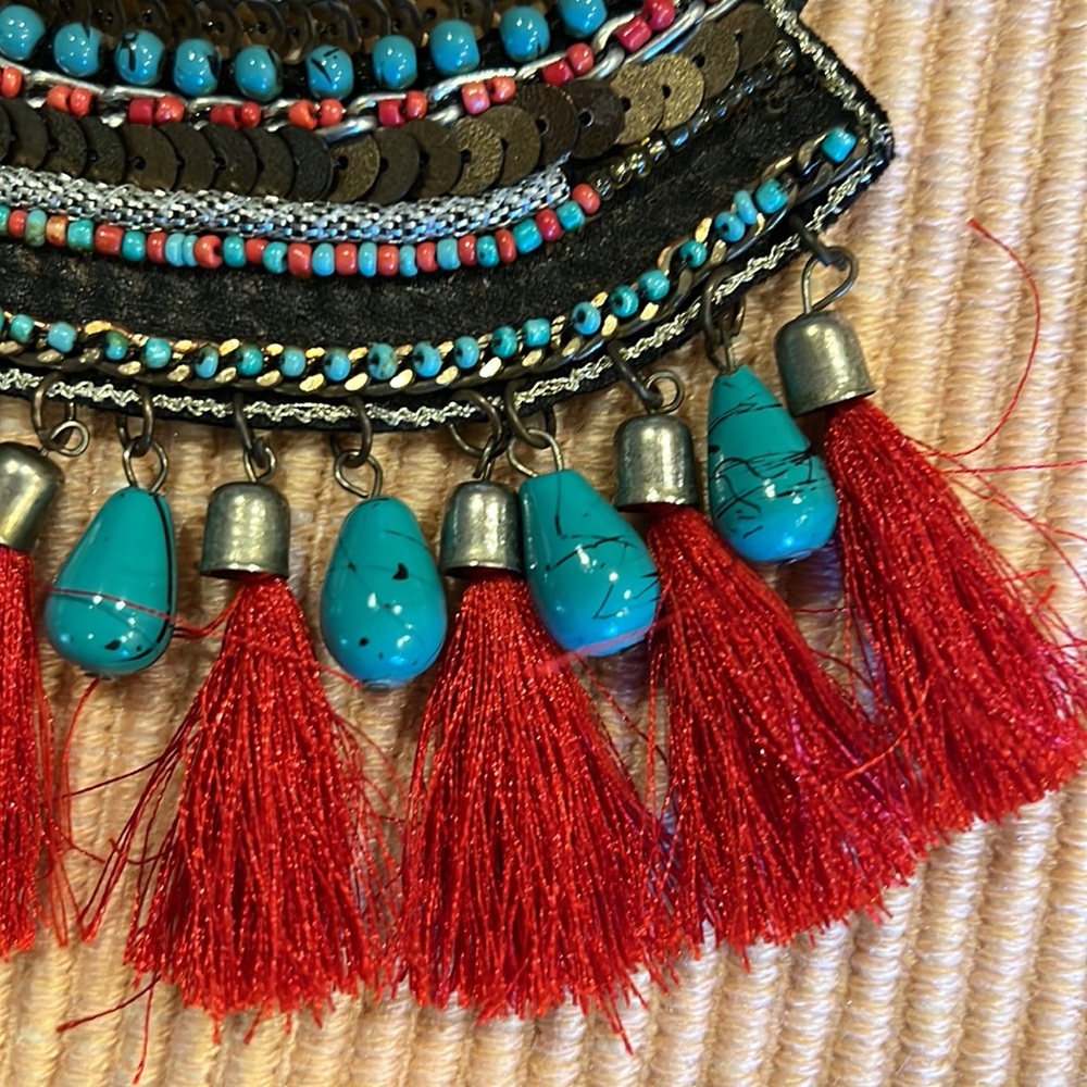 Tribal Bib Necklace with Faux Turquoise Beads - Picture 2 of 5